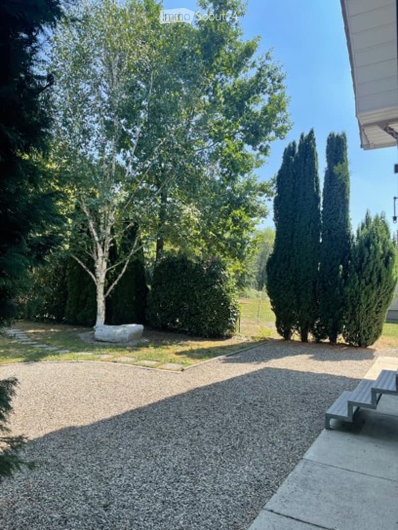 Well-maintained garden area with gravel pathway, various trees including a weeping Scotch Pine, neatly trimmed shrubs, and a small bench near the house.