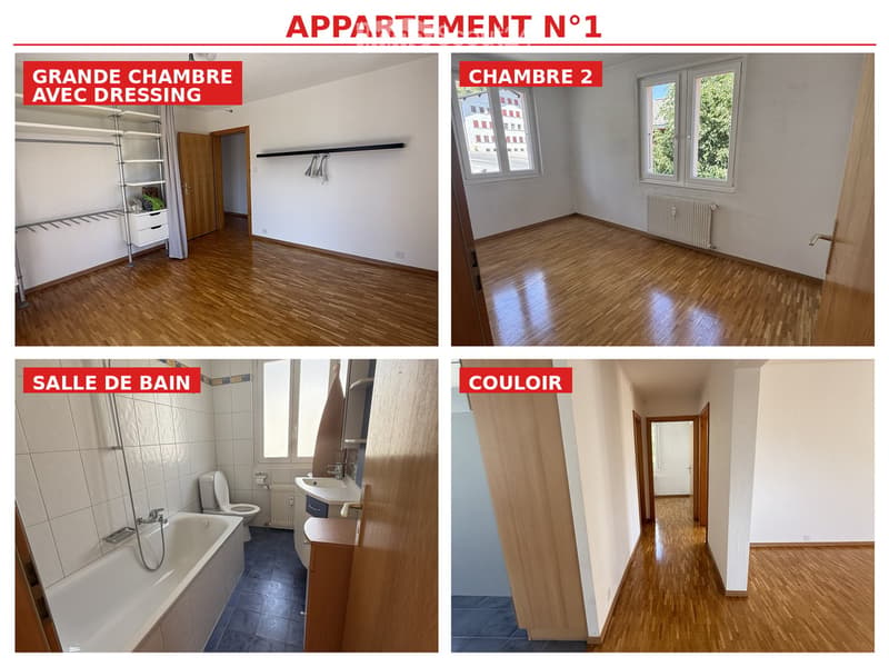 Four unfurnished rooms: large bedroom with closet, second bedroom, bathroom, and hallway. All rooms have wooden flooring and white walls.
