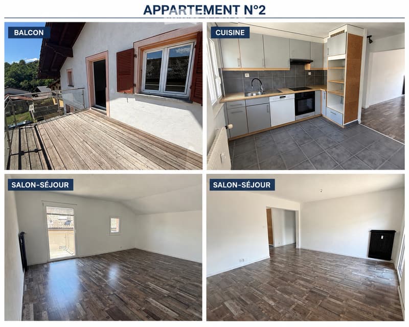 Four images show an unfurnished apartment: a balcony with wooden flooring and metal railing, a kitchen with cabinets and appliances, and two living rooms with wooden flooring and large windows.