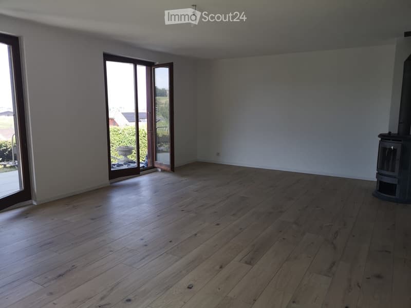 Empty room with wooden flooring, large sliding glass doors leading to an outdoor area, and a fireplace on the right side.