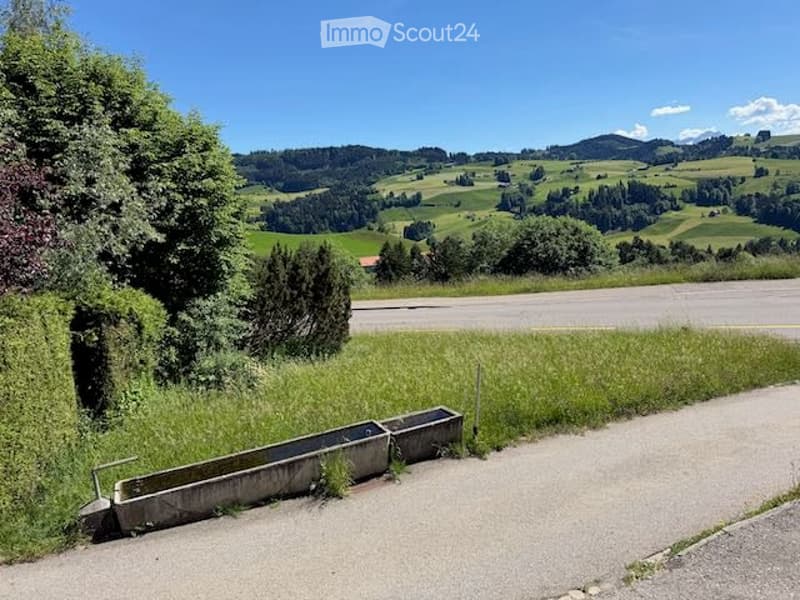 A scenic rural landscape with rolling green hills, a road, and a concrete drainage channel along the roadside.