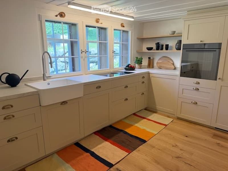 Bright kitchen with white cabinets, a large sink, and a colorful rug on the floor.