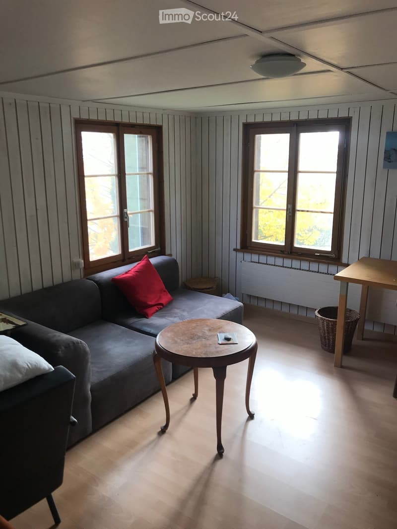 A cozy living room with wooden flooring, a grey sofa with red and white cushions, a small round wooden table, and a wicker basket near the window.