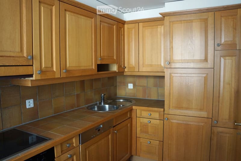 A modern kitchen with wooden cabinets, a stainless steel sink, and a built-in oven and dishwasher.