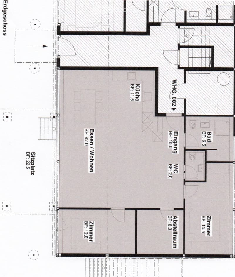 Floor plan of a residential unit showing a living/dining area, kitchen, bedroom, bathroom, hallway, and storage space.