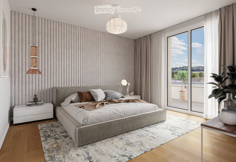 Modern bedroom with a large bed, nightstand, table lamp, pendant light, and a view through large windows.