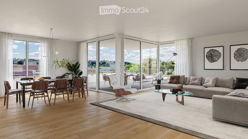 Modern living and dining area with large windows, a sofa, coffee table, dining table, chairs, and a plant. The space features a balcony with outdoor seating.