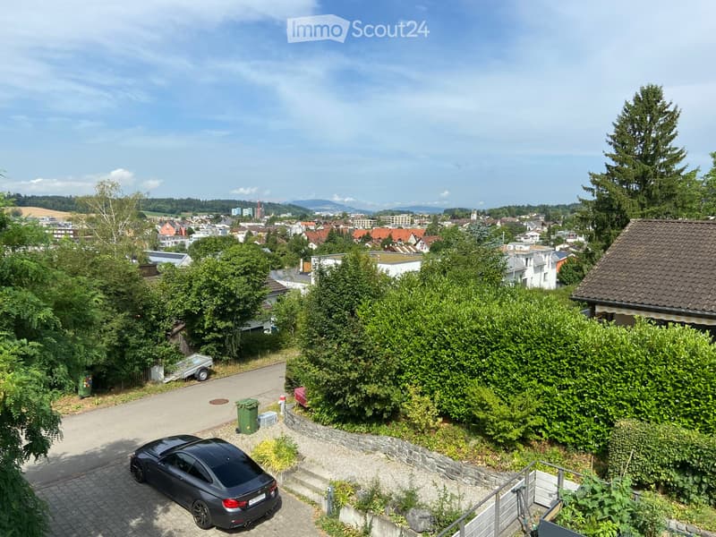 Balcony view overlooking a suburban neighborhood with houses, trees, and a parked car below.