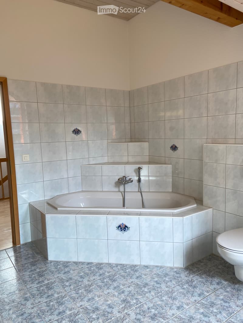 Modern bathroom with a large, corner bathtub, tiled walls, and a toilet. The bathtub features a sleek, contemporary design with a chrome faucet and a showerhead.