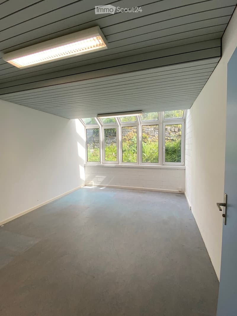 Empty room with white walls, concrete floor, large windows, and recessed lighting.