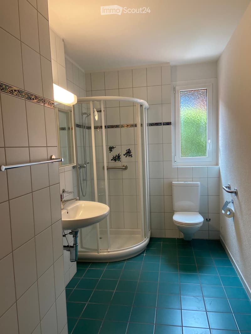 Modern bathroom with a white sink, toilet, and walk-in shower with glass enclosure. Blue tiled floor and beige tiled walls.