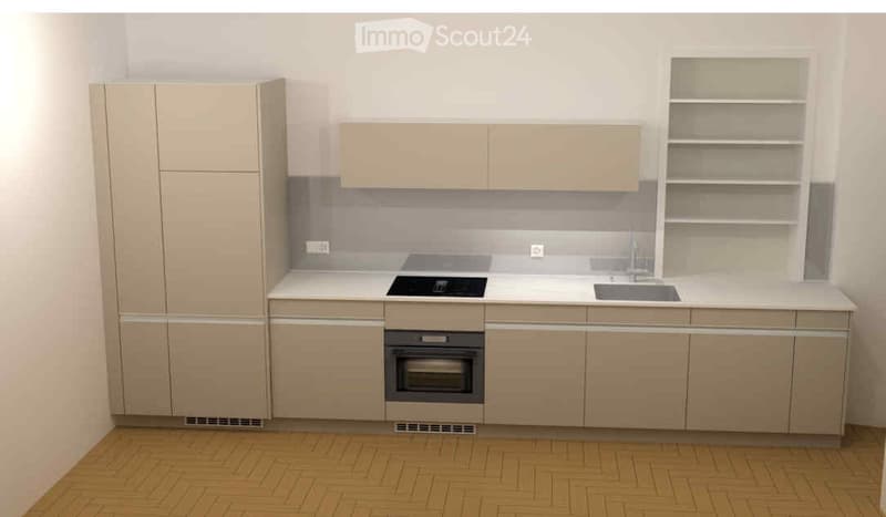 Modern kitchen with light-colored cabinets, a white countertop, a sink, a stove, and an oven. The floor is made of light wood.