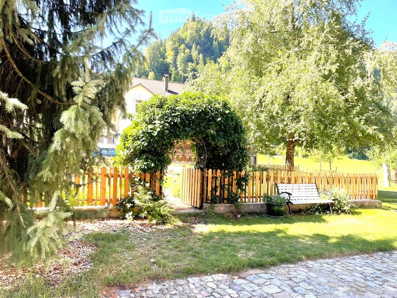 A well-maintained garden with a wooden fence, a bench, a potted plant, and lush greenery, with a pathway leading to the house.