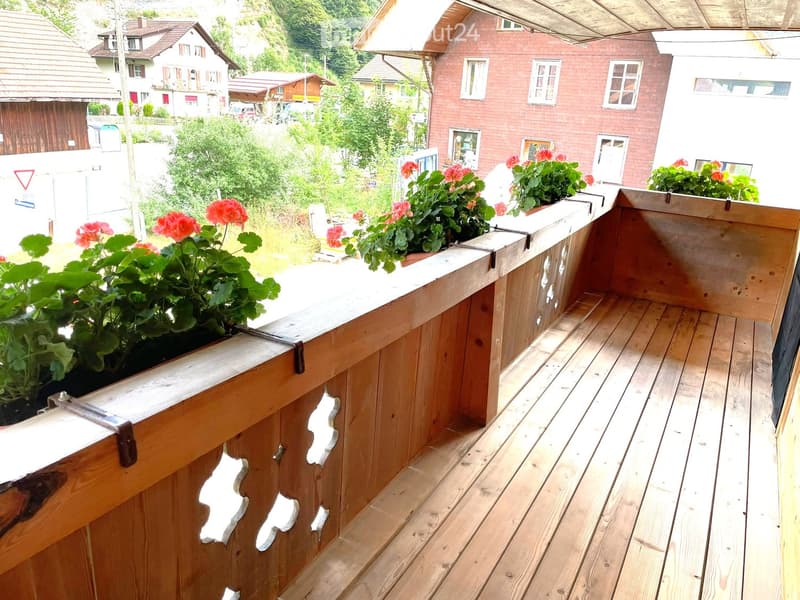 Wooden balcony with planters containing red flowers, overlooking a residential area with houses and greenery.