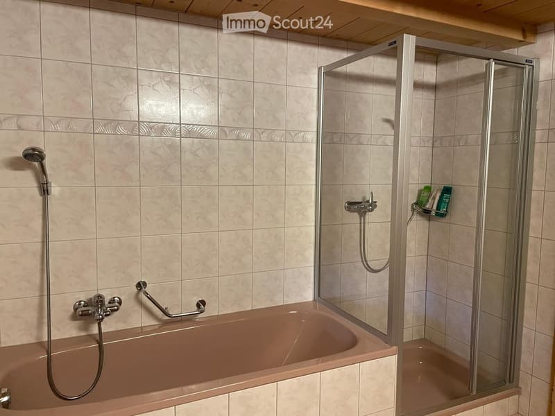Bathroom with a bathtub, handheld shower, glass shower enclosure, and a built-in shelf holding toiletries.