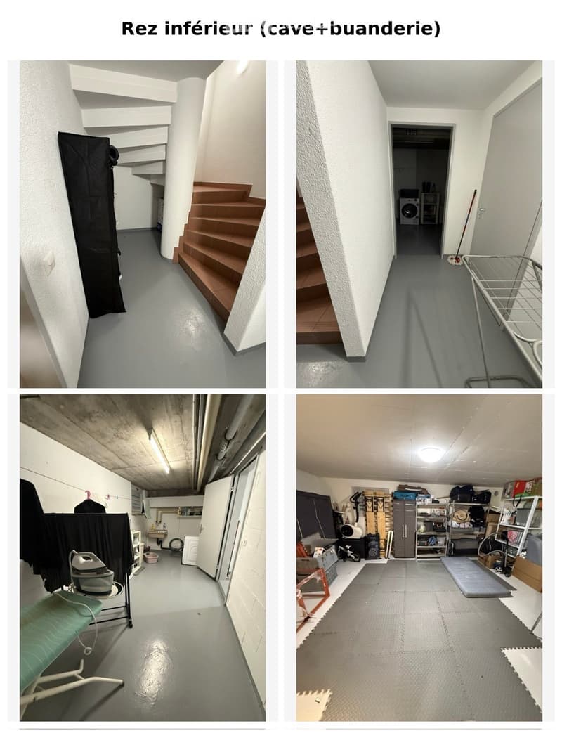 Four images showing a basement level with a staircase, a laundry area, and storage spaces. Includes a washing machine, a green chair, and a small stool.
