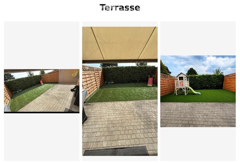 Three images of a well-maintained garden/balcony area with artificial grass, brick paving, wooden fencing, and a small play structure.