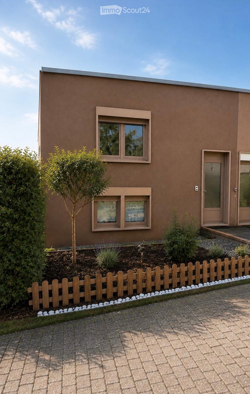 Single-story house with brown facade, white-framed windows, and a small garden area with a wooden fence and decorative white pebbles.