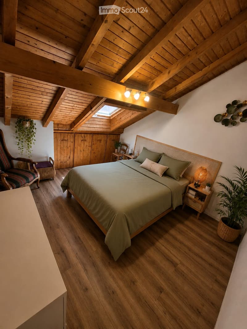 Cozy attic bedroom with wooden beams, skylight, bed with green bedding, nightstand, chair, and potted plants.