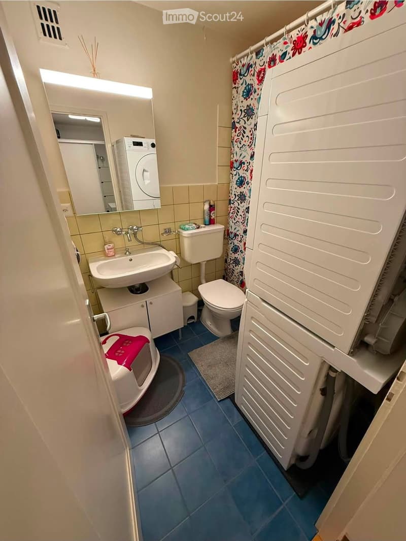 Modern bathroom with blue tiled floor, white sink, toilet, bathtub, mirror, and towel rack. Shower curtain with floral pattern is visible.