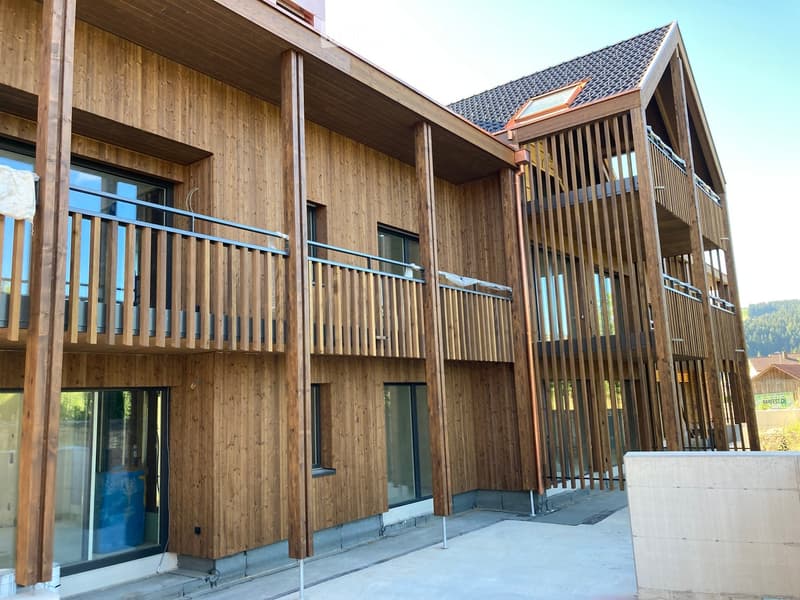 Modern multi-story building with wooden facade, large windows, and balconies with wooden railings.