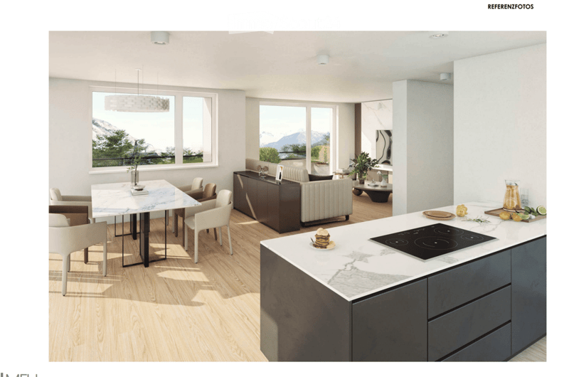 Open-plan kitchen and dining area with modern furniture, marble countertops, pendant lighting, and large windows offering a scenic view.