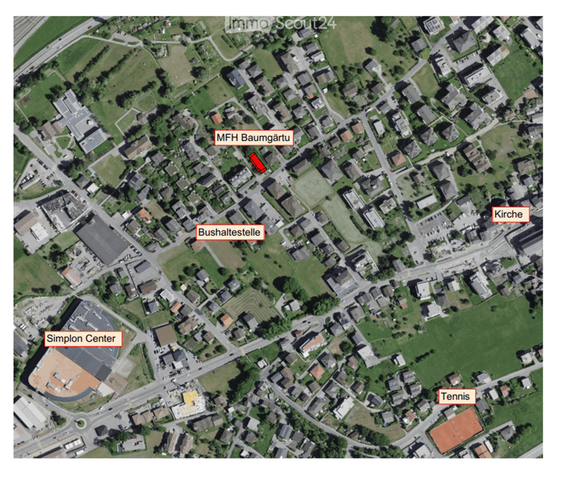 Aerial view of a residential area with labeled landmarks including MHF Baumgärtu, Bushaltestelle, Simplon Center, Kirche, and Tennis.