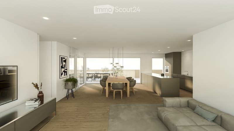 Open-plan living and dining area with modern furniture, large windows, and a balcony. Includes a sofa, coffee table, dining table with chairs, kitchen island, and decorative plants.