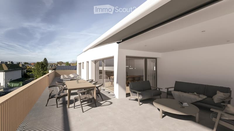 Modern rooftop terrace with grey sectional sofa, coffee table, dining table, chairs, and sun loungers, overlooking a cityscape with trees and solar panels.