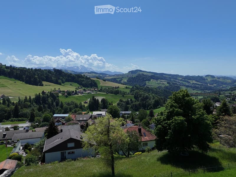 Aerial view of a rural village with scattered houses, lush green fields, and distant mountain ranges under a clear blue sky.