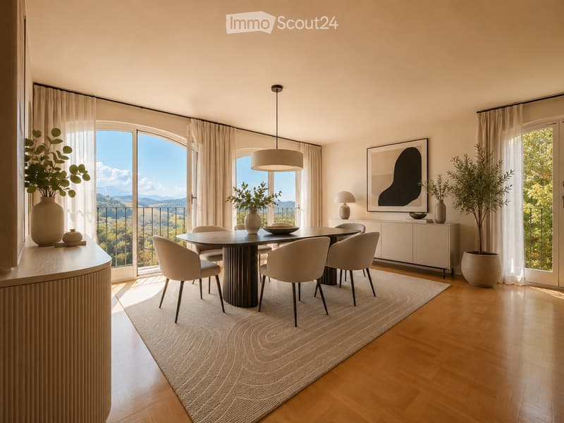 Elegant dining room with a round dark wood dining table, six modern chairs, a large area rug, a white cabinet, and large windows offering a scenic view.