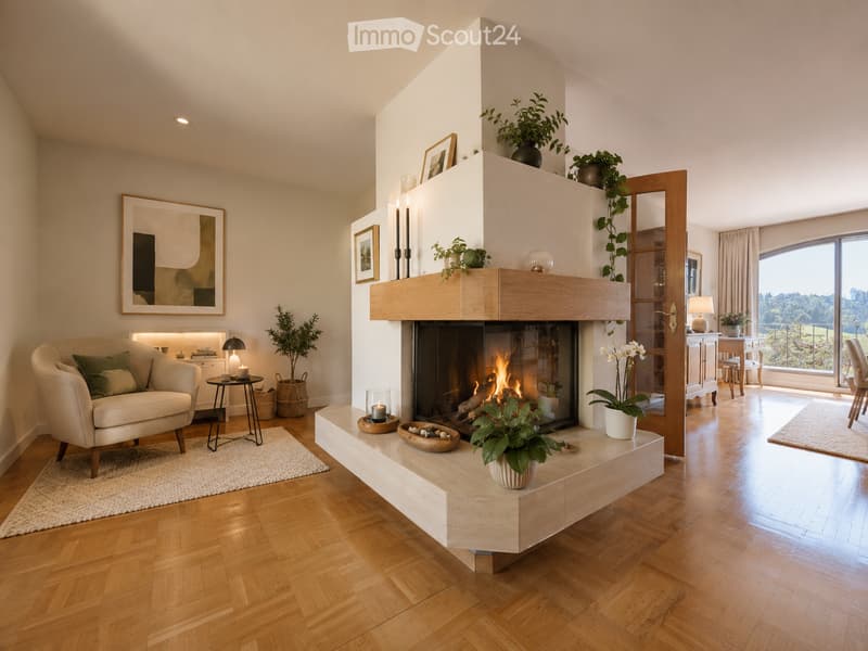 Modern living room with a fireplace, wooden flooring, large windows offering a scenic view, and decorative elements including a sofa, small table, and potted plants.