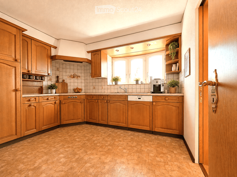 Bright kitchen with wooden cabinets, a central island, and a tiled backsplash. Features include a sink, dishwasher, coffee maker, and potted plants on the counter.
