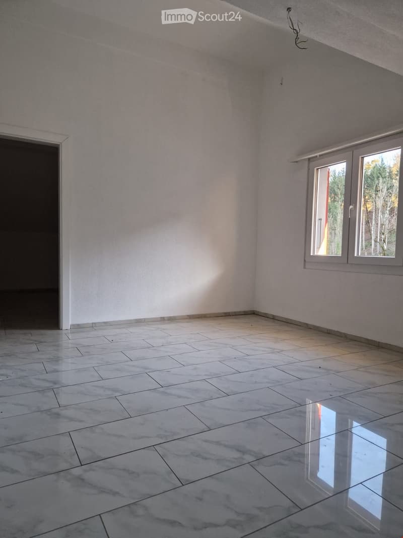 Empty room, white walls, white tiled floor, two windows, door