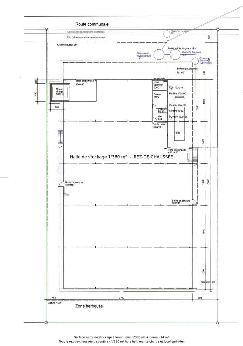 Floor plan of a storage hall and surrounding areas, including a storage hall, office, entrance, and access points.
