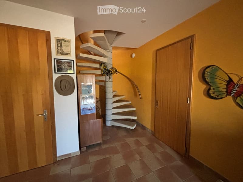 Spiral staircase with wooden doors, framed pictures, and decorative wall art featuring butterflies.