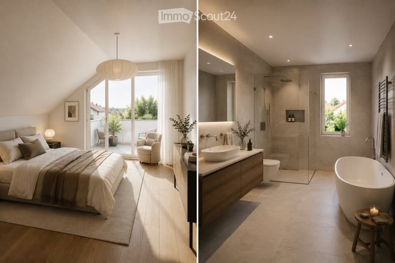 Modern bedroom with a large bed, nightstand, lamp, and a cozy chair near a large window with a view. The room features wooden flooring and a neutral color palette.