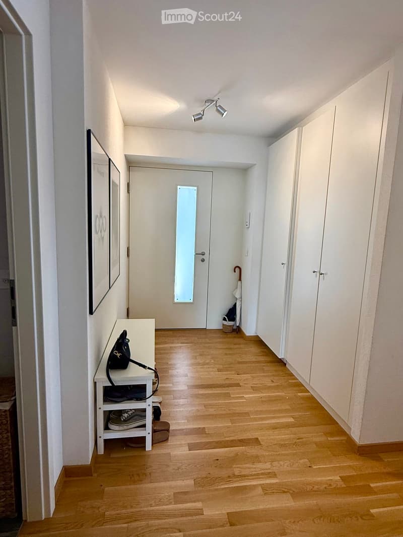 Clean, narrow hallway with light wooden flooring, white walls, built-in white cabinets, a small white console table with shoes and a bag, and a framed picture on the wall.