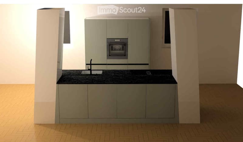 Modern kitchen with light grey cabinets, black countertop, sink, faucet, and built-in oven.