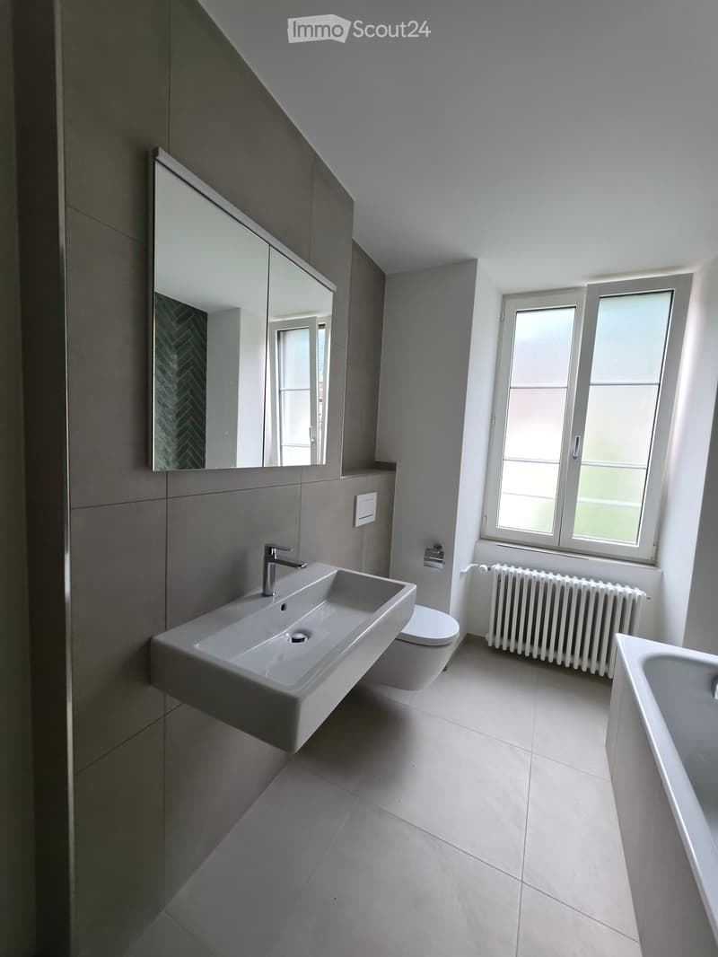 Modern bathroom with a large sink, toilet, bathtub, mirror, and radiator. The space features large windows and a sleek, contemporary design.