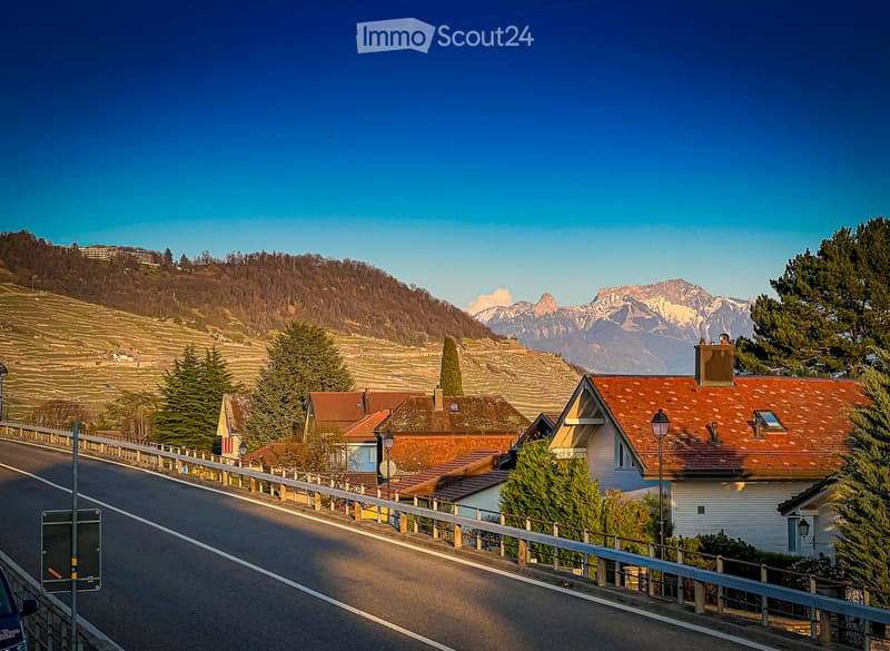 Road leading through the village with a backdrop of mountains, residential houses, and a clear blue sky.