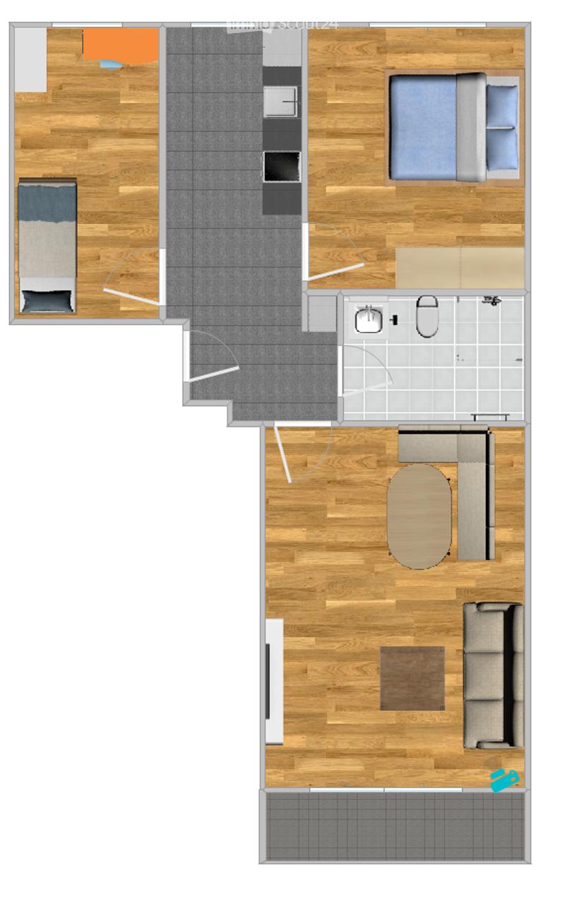 Top floor layout includes a bedroom, living area, kitchen, and bathroom. The bedroom features a bed and nightstand, the living area has a sofa and coffee table, the kitchen includes cabinets and appliances, and the bathroom has a toilet and sink.