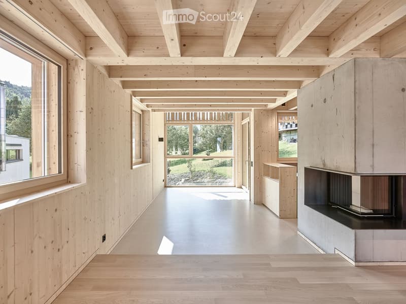 Bright, minimalist hallway with exposed wooden beams, polished wood flooring, and a built-in fireplace on the right side. Large windows and open doorways lead to outdoor spaces.