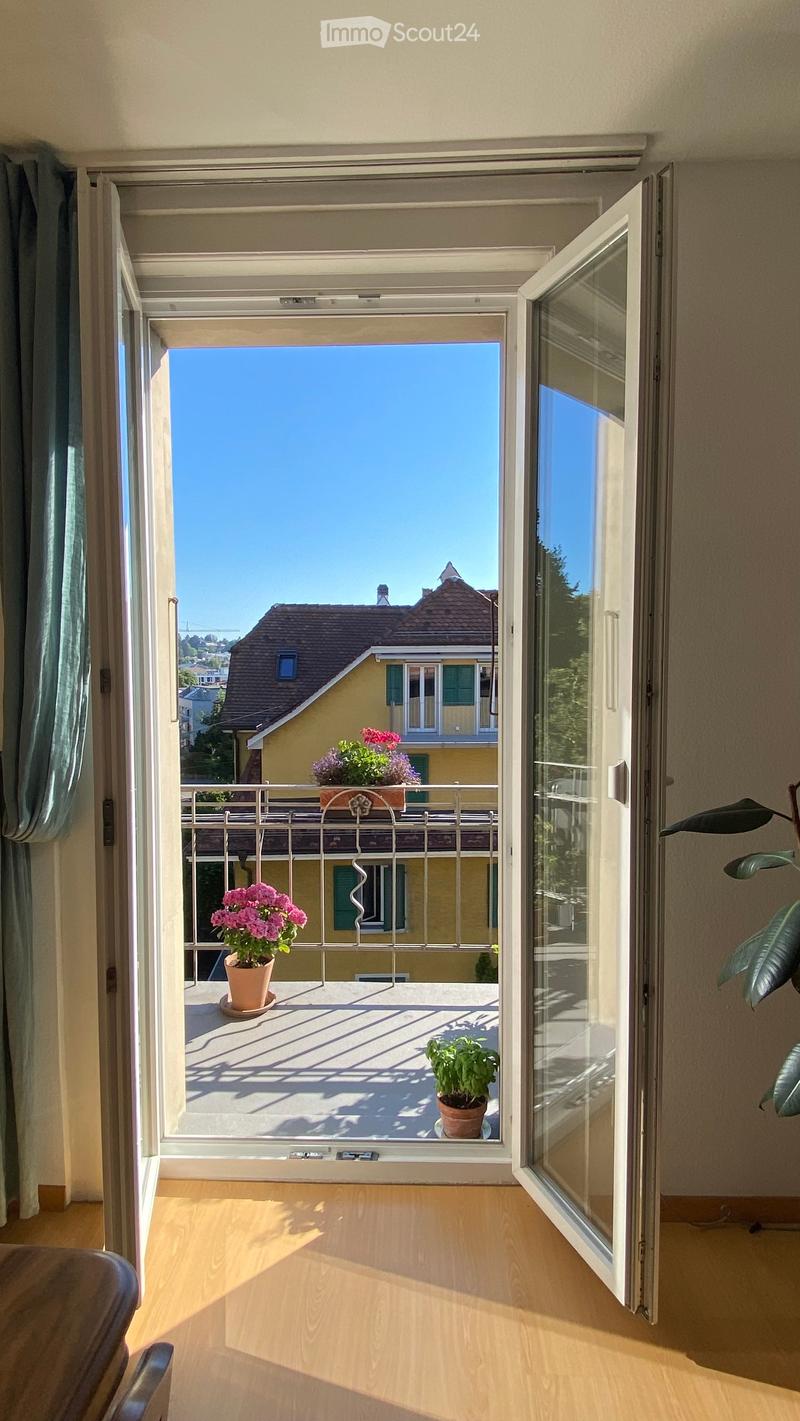 Open balcony with wooden floor, metal railing, and potted plants, overlooking a clear blue sky and neighboring houses.