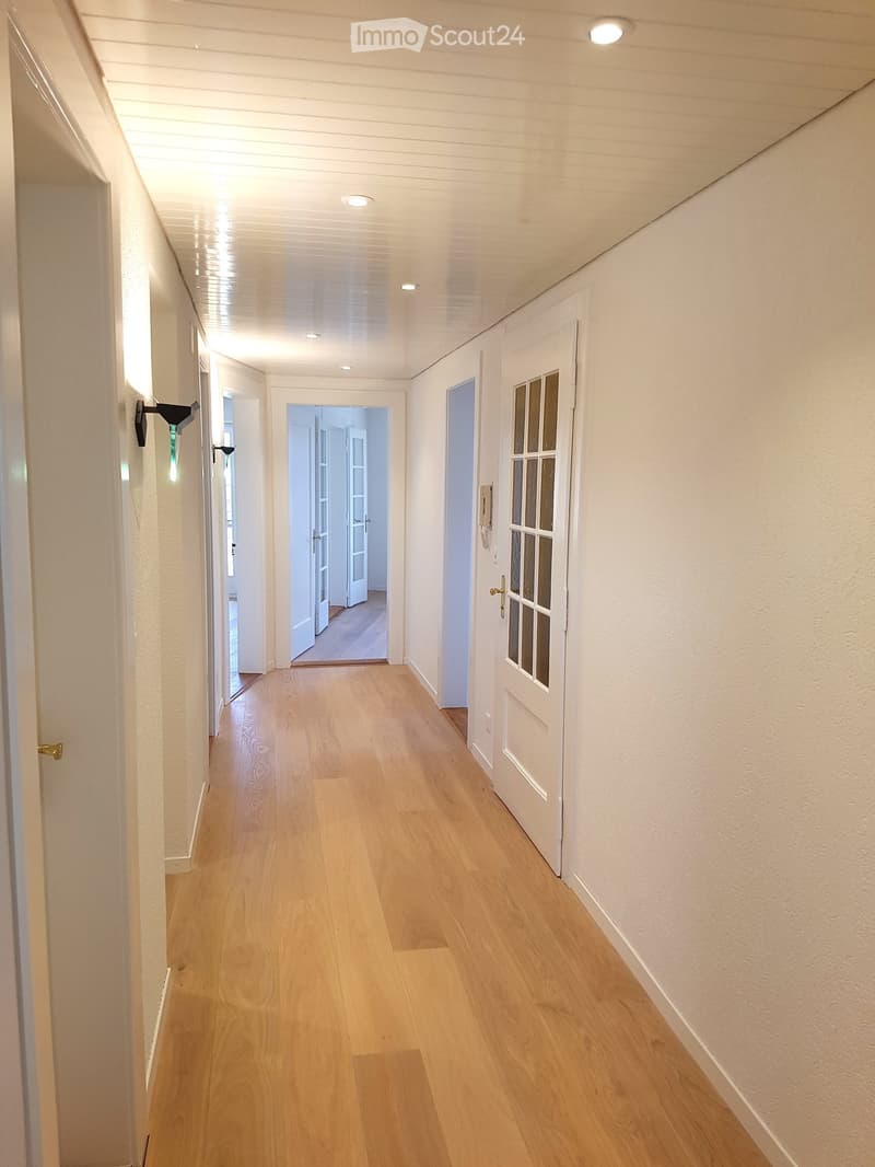 Bright hallway with light wooden flooring, white walls, and several doors leading to other rooms. The ceiling features recessed lighting and a white panel design.
