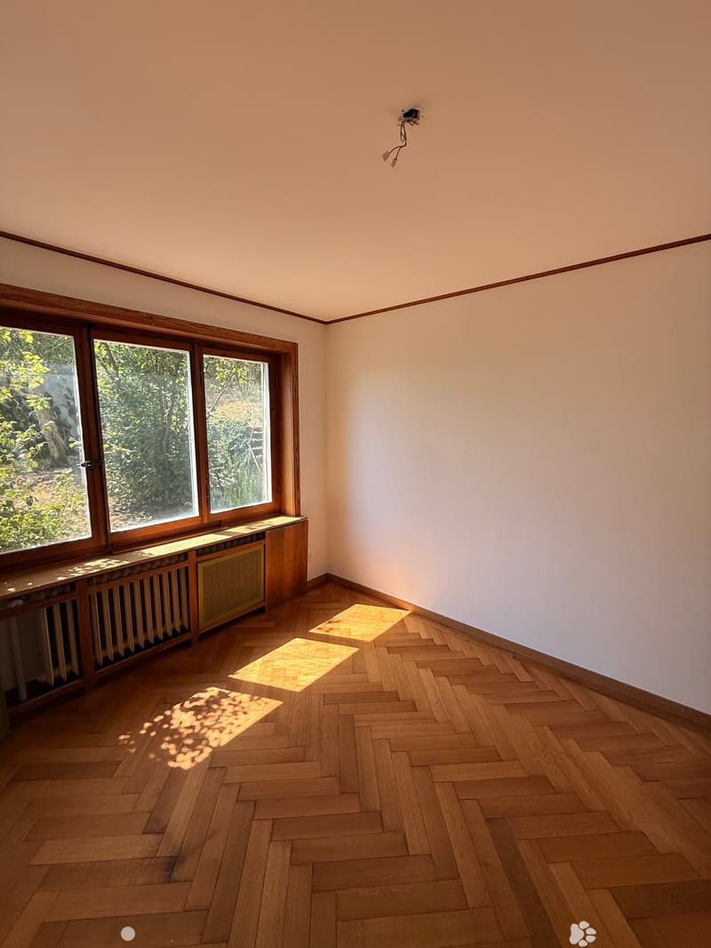Empty room with wooden herringbone flooring, large windows with wooden frames, and a radiator beneath the windows. Sunlight casts shadows on the floor.