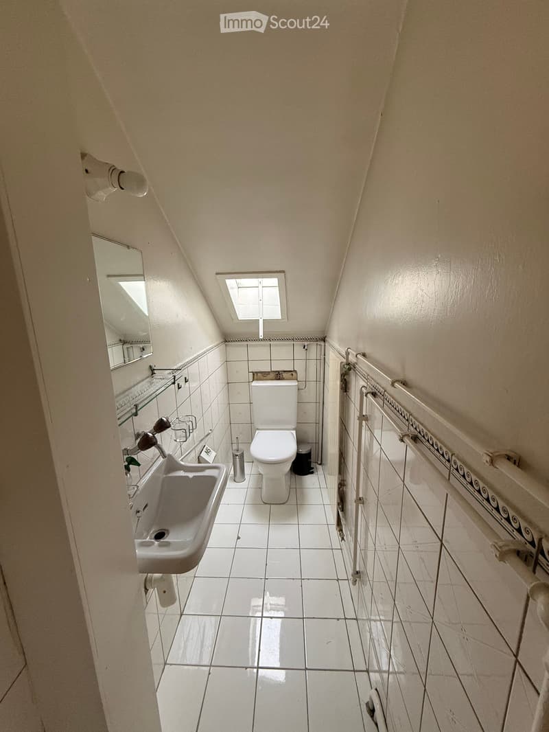 Small bathroom with white tiled walls and floor, featuring a toilet, sink, mirror, and towel rack. The room has a skylight window and a sloped ceiling.