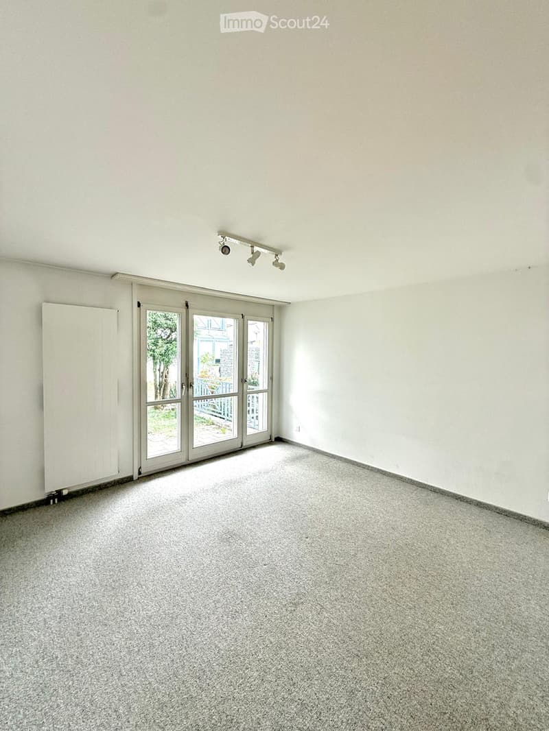Empty room with white walls, carpeted floor, large sliding glass doors leading to an outdoor area, and track lighting on the ceiling.