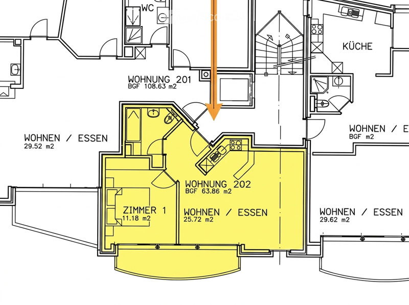 Floor plan showing two apartments (201 and 202) with living/dining areas, bedrooms, kitchen, and bathroom.