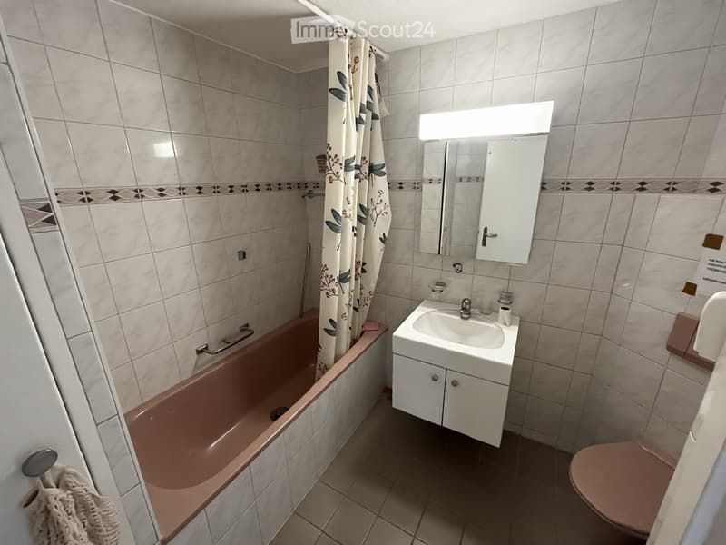 Bathroom with tiled walls, a bathtub, a sink with a cabinet, a toilet, a mirror, and a shower curtain.